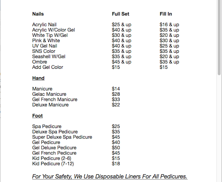 ClassyNails of Port Orange Florida Price List